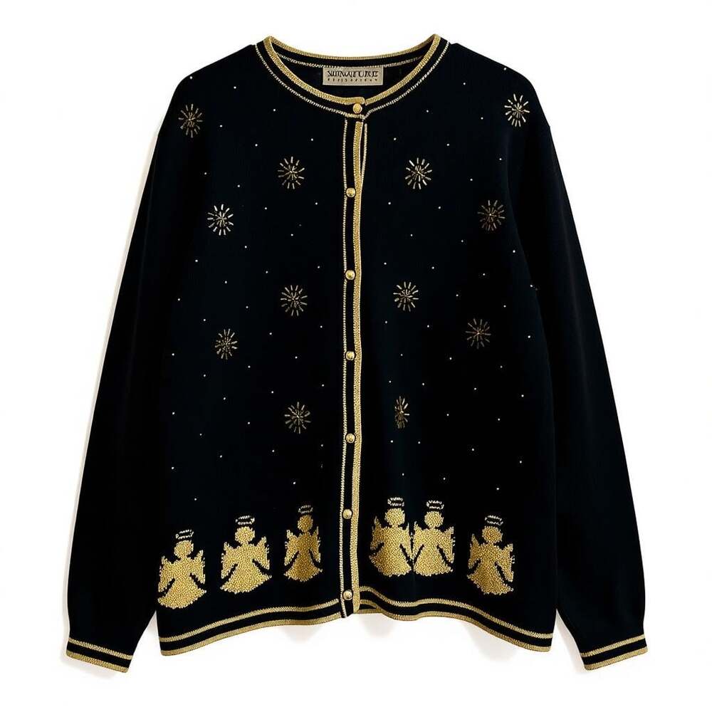 Vgt Women's Signature Expressions Black Sweater Gold Angels, Buttons & Beads M